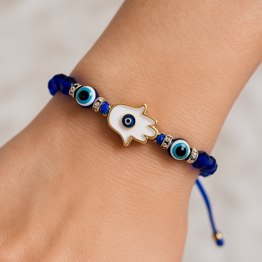 BRACELET Evil Eye Beaded Blue White Metallic Gold Adjustable Faux Rhinestones